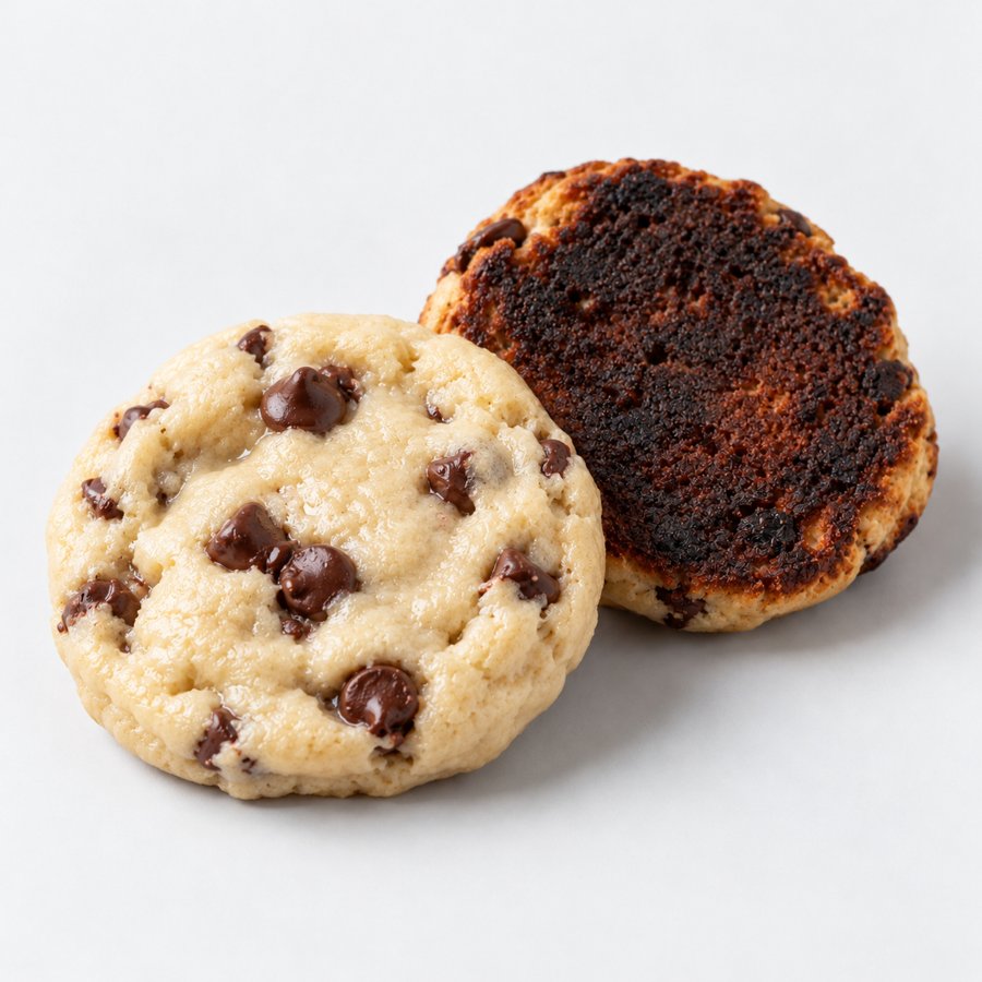 Galletas con chips de chocolate: una pálida por encima y otra volteada con la base quemada