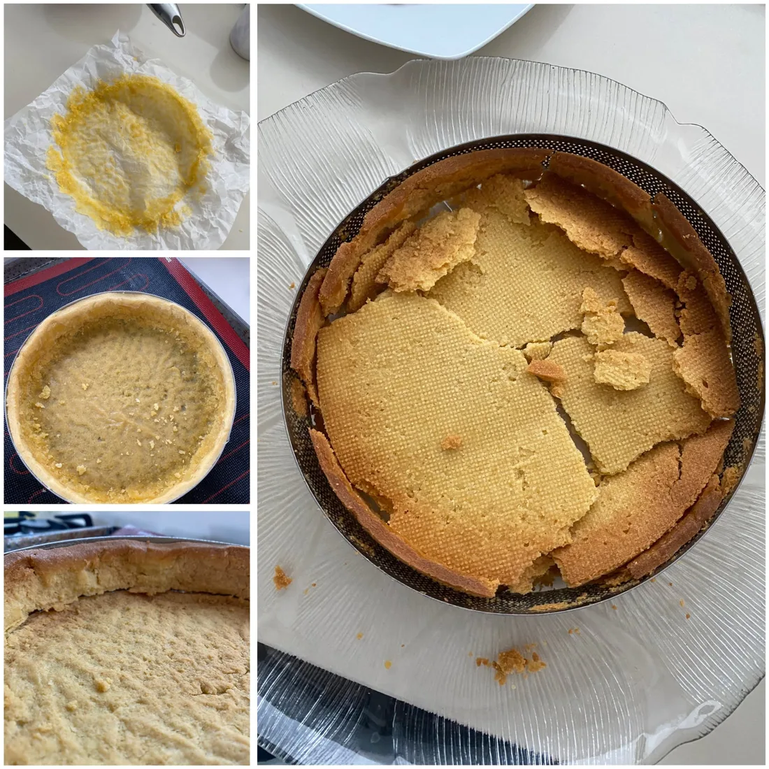 Base de tarta quebrada en pedazos dentro de un aro perforado