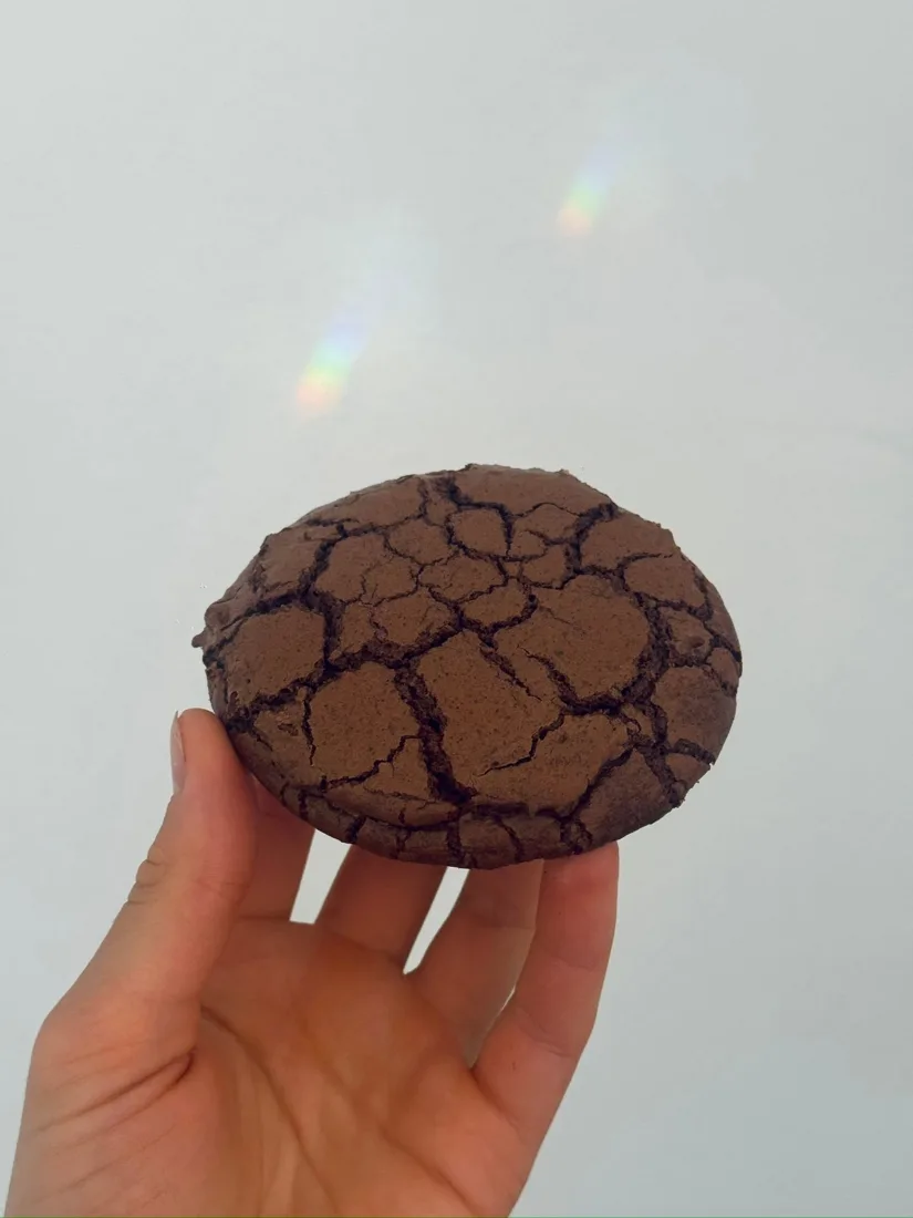 Galleta de chocolate agrietada sostenida en la mano